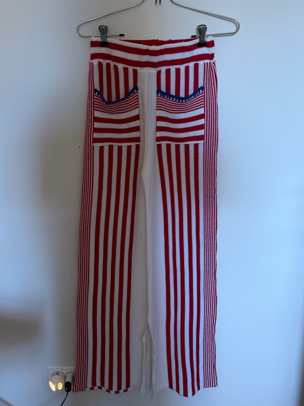 Pastiche Red and White Striped Knit Pants with Embellished Back Pockets
